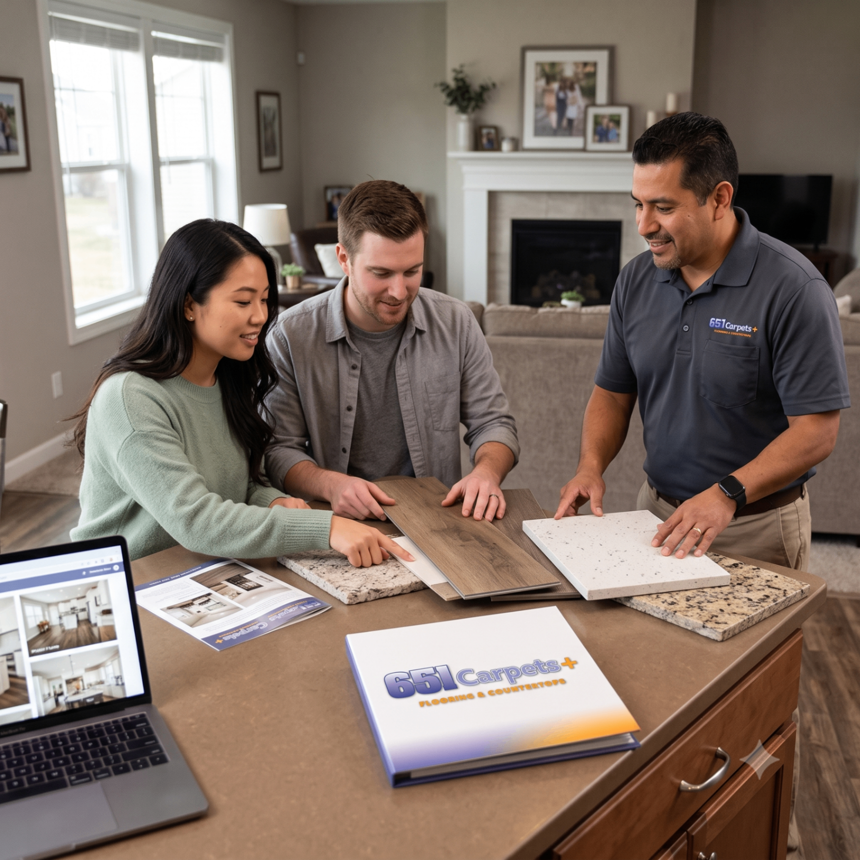 651 Carpets + consultant reviewing flooring and countertop samples with homeowners at their kitchen counter