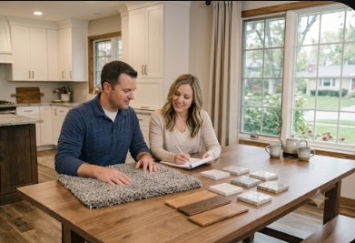 651 Carpets + designer reviewing flooring samples with homeowners at their kitchen table