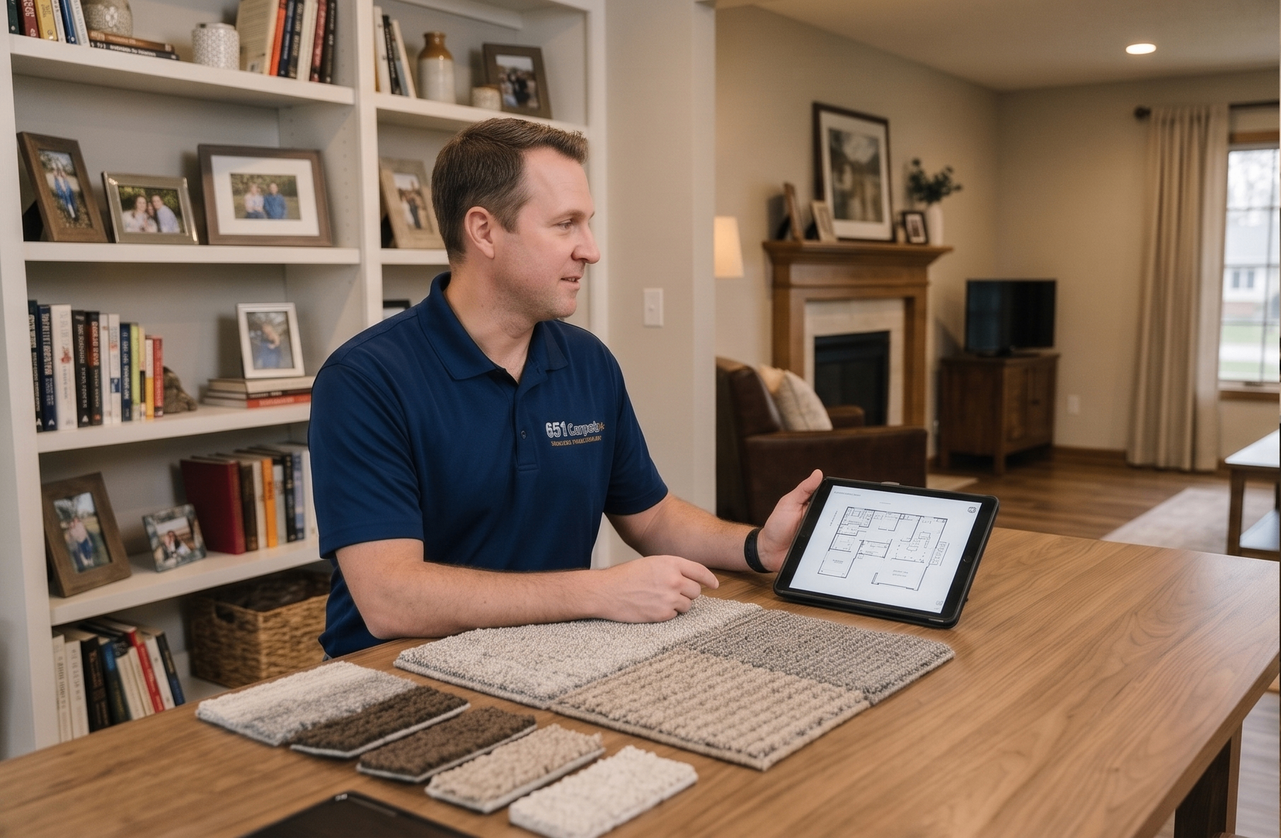 651 Carpets+ flooring expert reviewing carpet samples and floor plans at a customer's dining table
