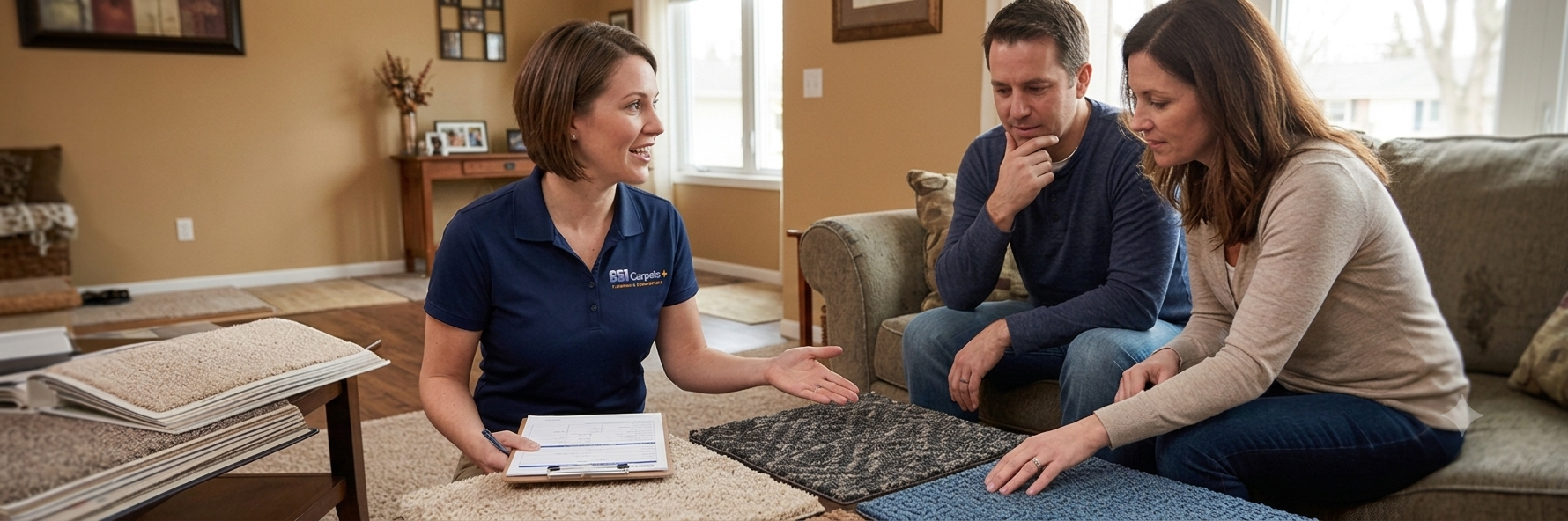 651 Carpets designer reviewing flooring samples with homeowners at their kitchen table